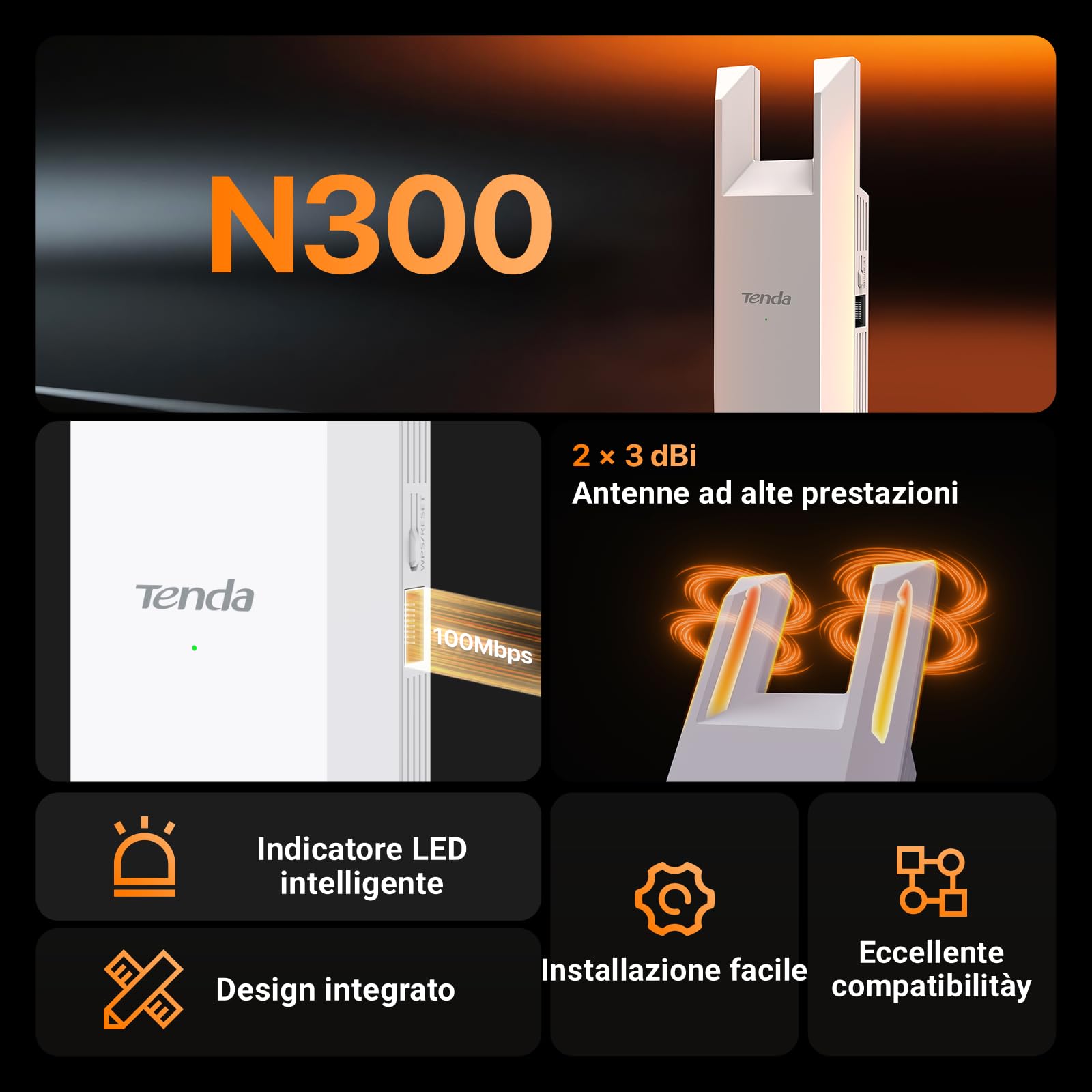 Tenda Ripetitore WiFi Extender e Access Point, Velocità Single Band 300Mbps, Porta Ethernet, Copertura fino a 120 m², Compatibile con i principali modem router Wi-Fi, Bianco(A9)