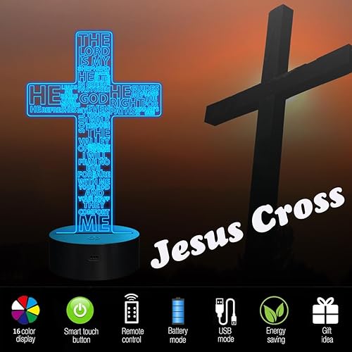 Miniatura 6 de FULLOSUN Luz nocturna 3D con cruz de Jesús, luces de ilusión óptica de Cristo, 16 colores que cambian con control remoto, lámparas de escritorio del