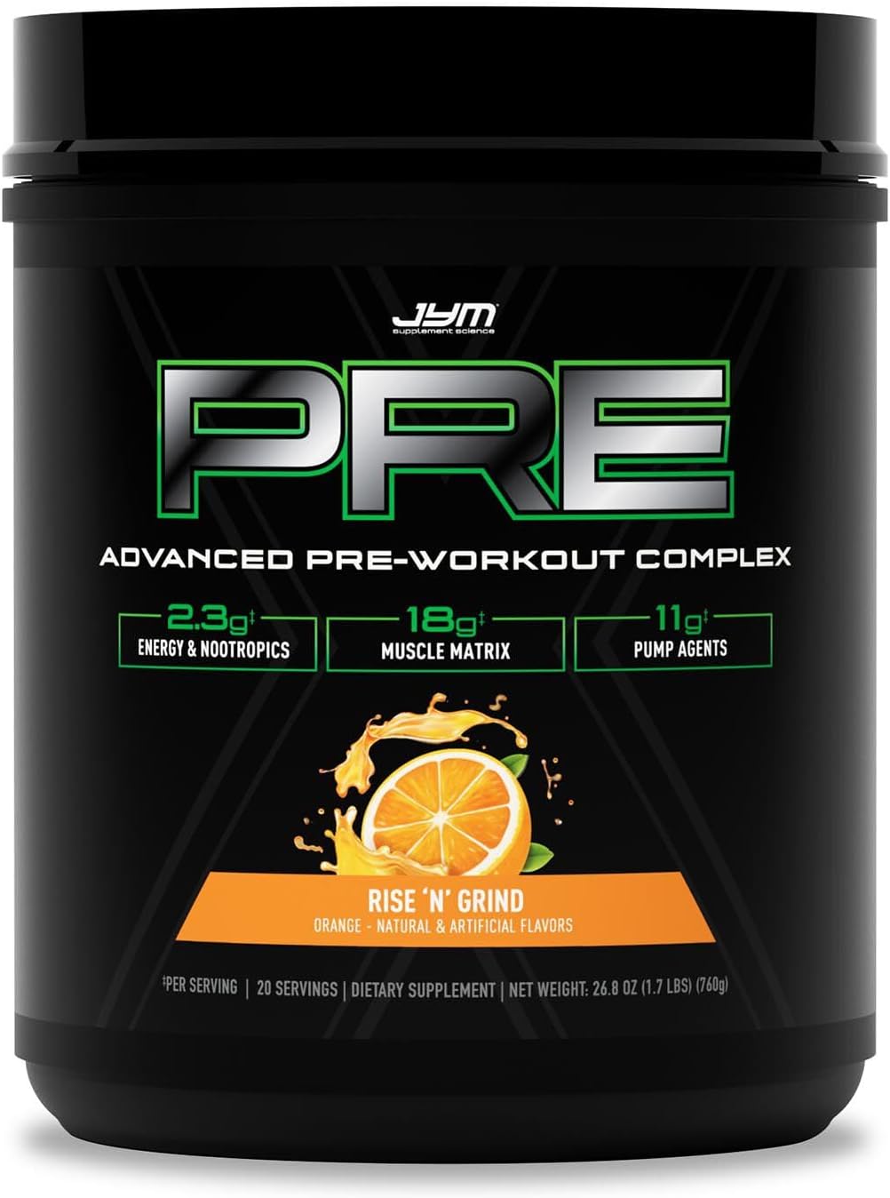 Pre JYM X Rise N' Grind Advanced Pre-Workout Powder Massive Pumps, Citrulline Nitrate, Dynamine, NO3T Betaine, BCAA’s, Nootropics, Creatine, Beta-Alanine, JYM Supplement Science, 20 Servings