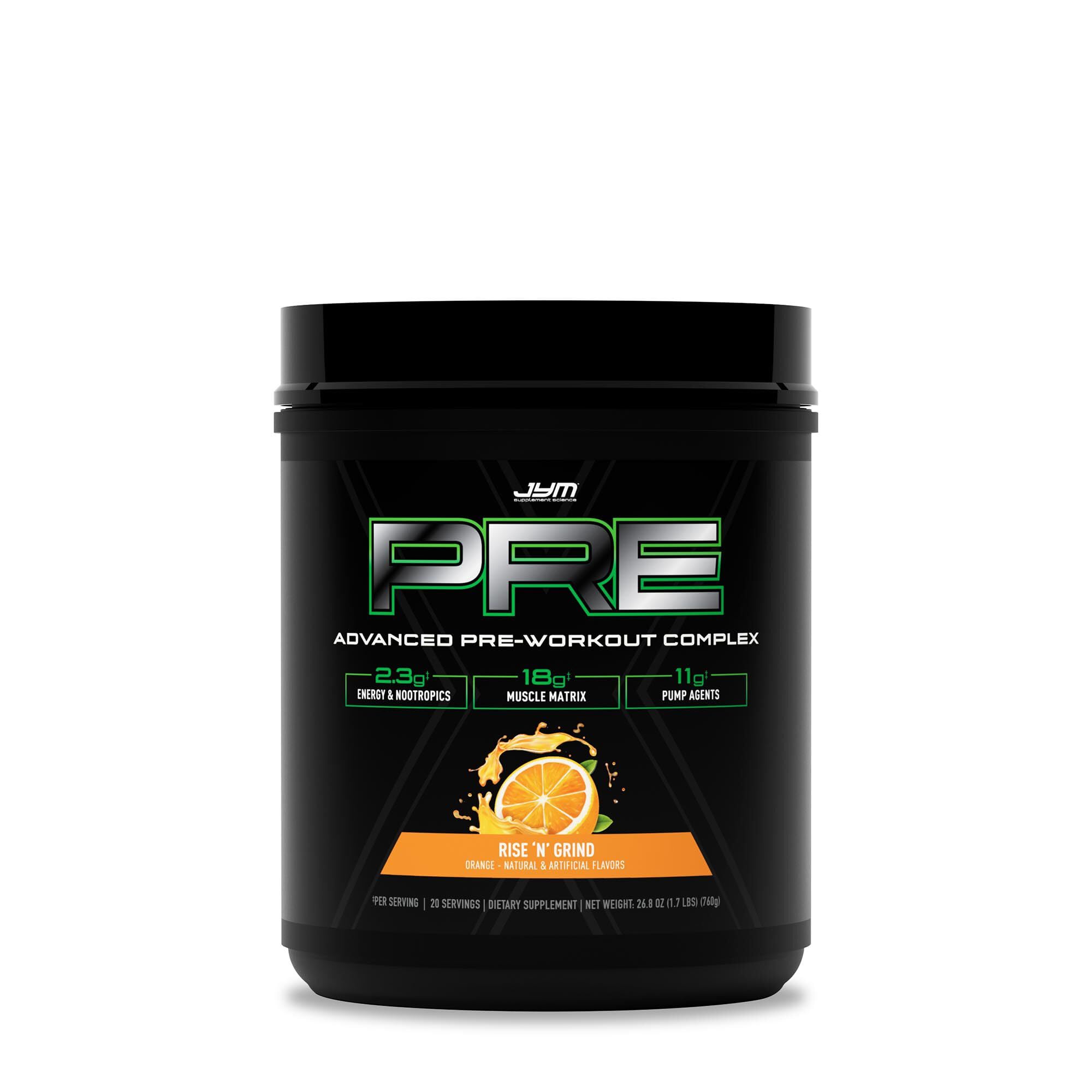 Pre JYM X Rise N' Grind Advanced Pre-Workout Powder Massive Pumps, Citrulline Nitrate, Dynamine, NO3T Betaine, BCAA’s, Nootropics, Creatine, Beta-Alanine, JYM Supplement Science, 20 Servings