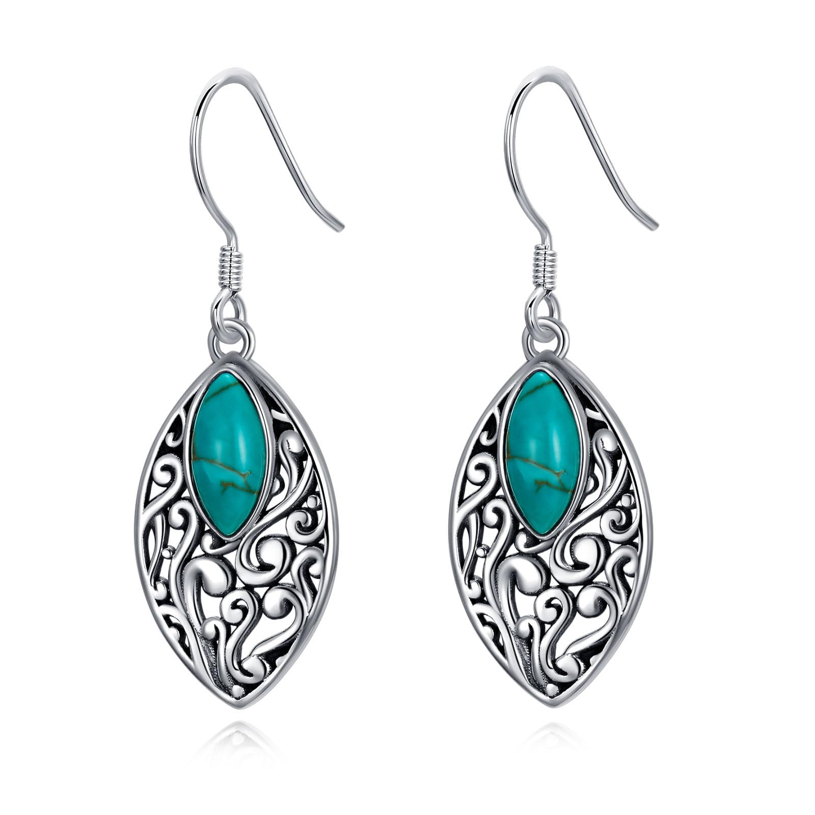 Vintage Filigrane mit Marquise Geformte Türkis Haken Ohrringe 925 Sterling Silber Boho Style Schmuck für Frauen