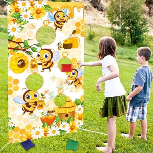 kreat4joy Bee Theme Toss Games with Bean Bags, Bean Bag Toss Game for Kids, Bee Theme Toss Games Backdrop Banner for Kids Indoor Outdoor Activities Sport Theme Birthday Party Supplies