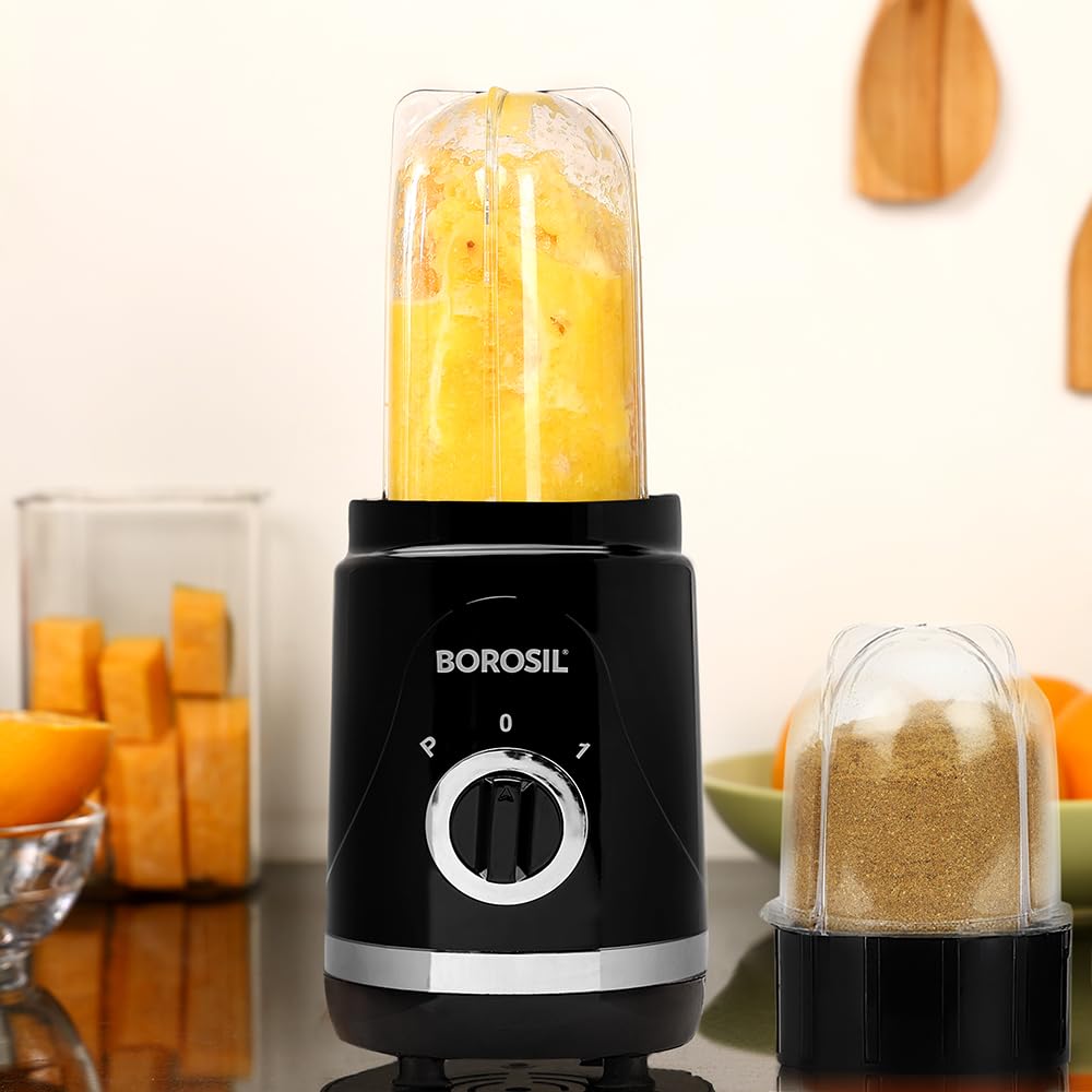 Borosil 400W NutriFresh Portable Mini-Blender & Grinder | 500ml Jar for Blending Smoothies, 300ml Jar for Dry Grinding Spices/Chutney Jar | Polycarbonate Jars, Dishwasher Safe | 2 Year Warranty, Black-image-39