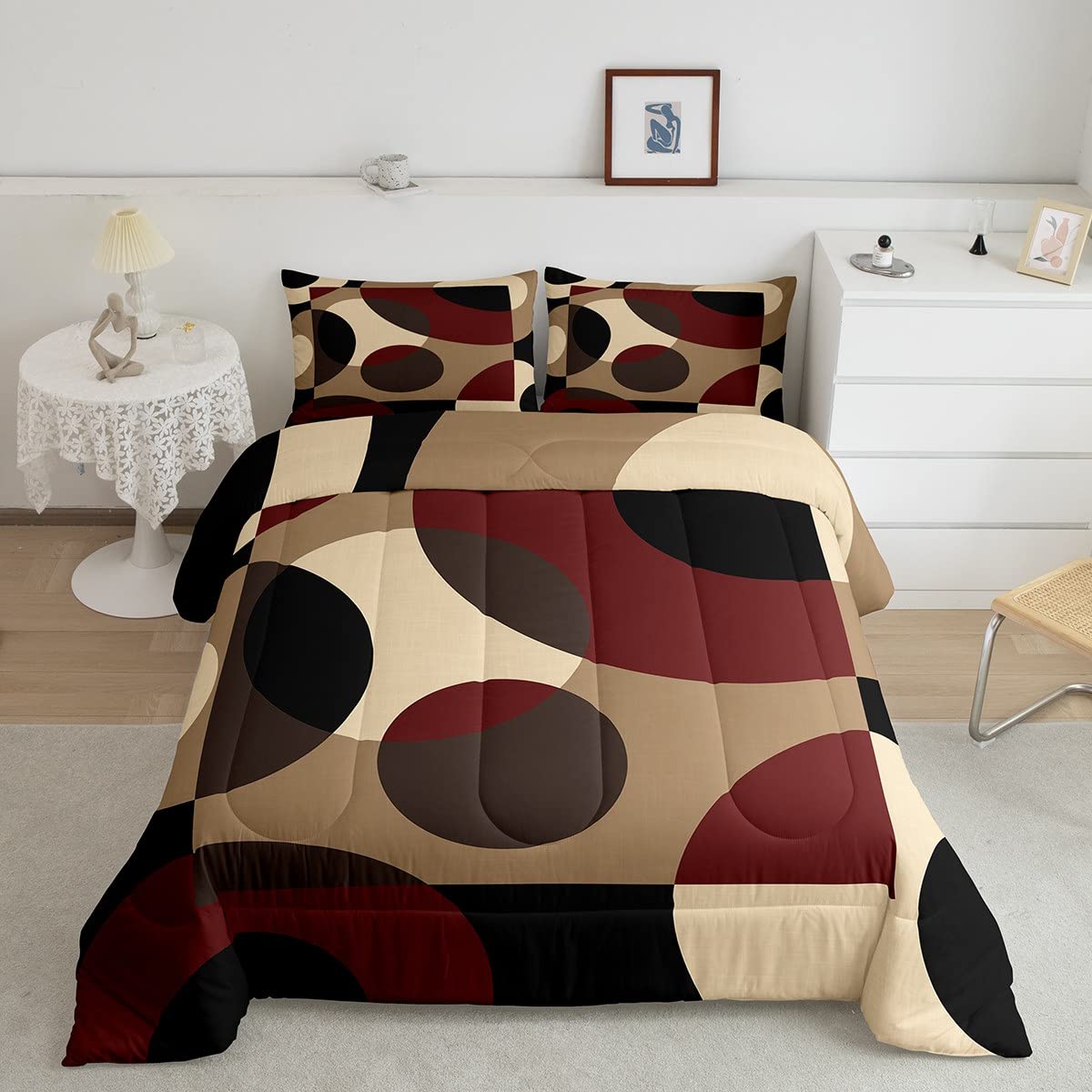 Juego de edredón de círculo rojo con ropa de cama geométrica y remolinos abstractos King