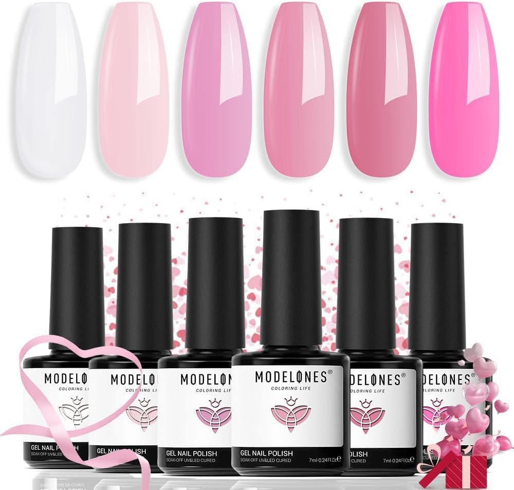 modelones UV Nagellak,6 Kleuren Schellak Gel Nagellak Wit Roze Naakt Schellak Nagellak, Zomer Soak Off Natural Gel Polish Nail Designs, Gel Polish voor Beginners Nail Art Manicure Salon