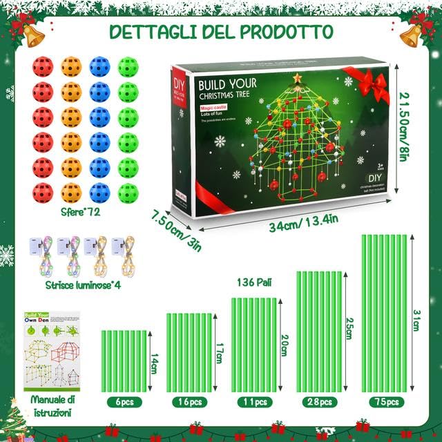 Kit Costruzione Forte Per Bambini 212 Pezzi - Con Luci, Per Costruire Castelli, Tunnel, Grotte, Dai 3 Anni