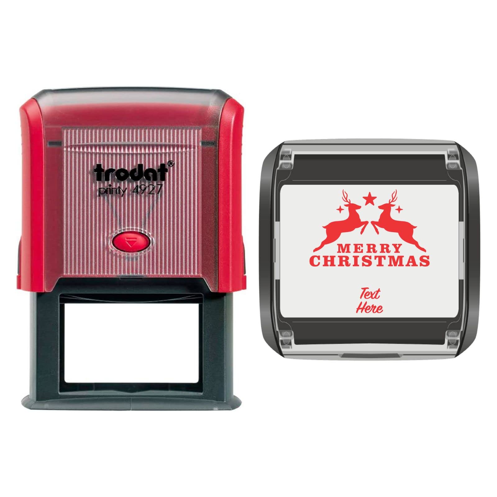 Trodat 4927 Personalised Christmas Card Message/Label Self Inking Rubber Stamp Merry Christmas Reindeer Design in Red Ink with 2 Lines of Customised Text