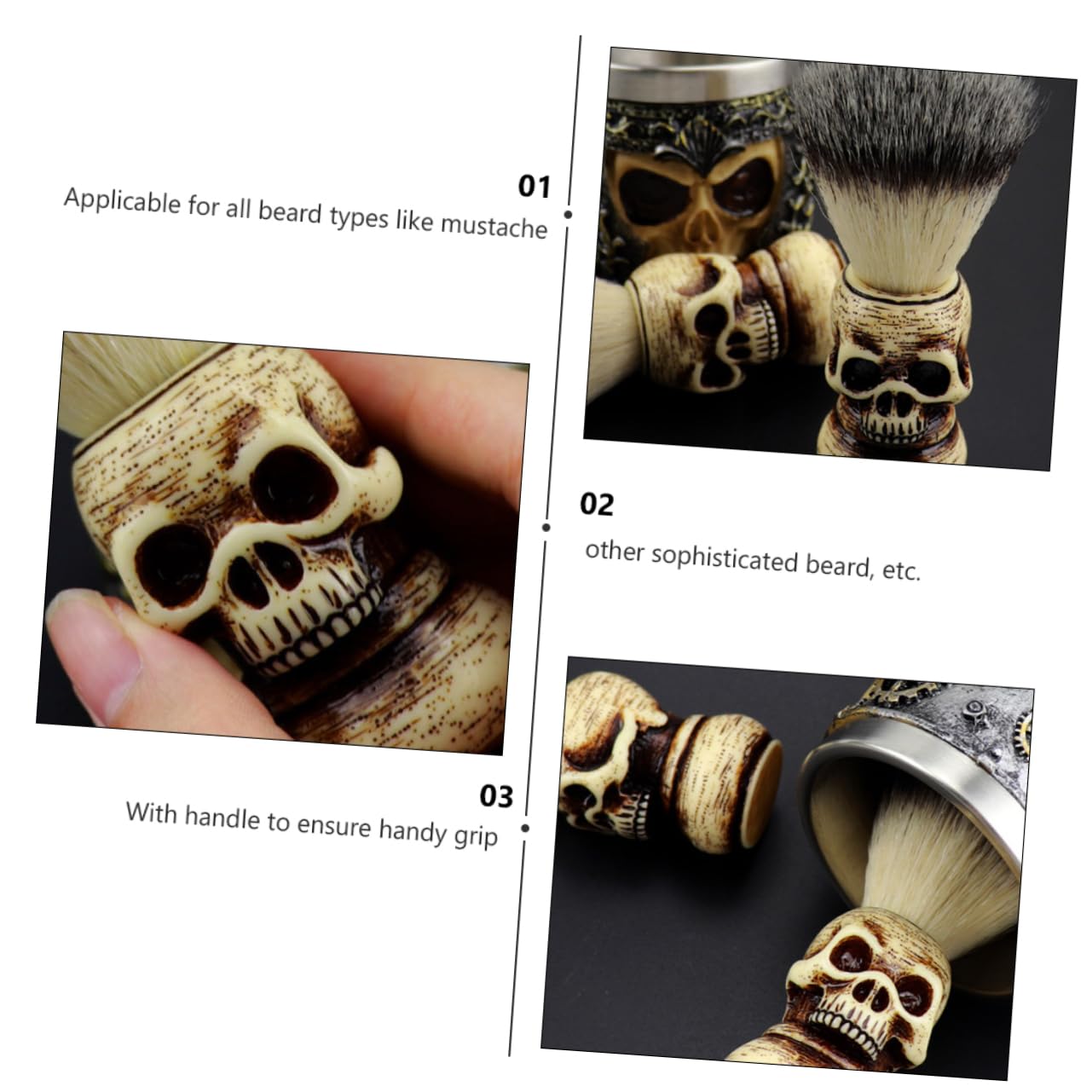 FRCOLOR 1pc Hair Beard Shaving Brush for Men Skull Head Handle Easy Cleaning Facial Care Tool