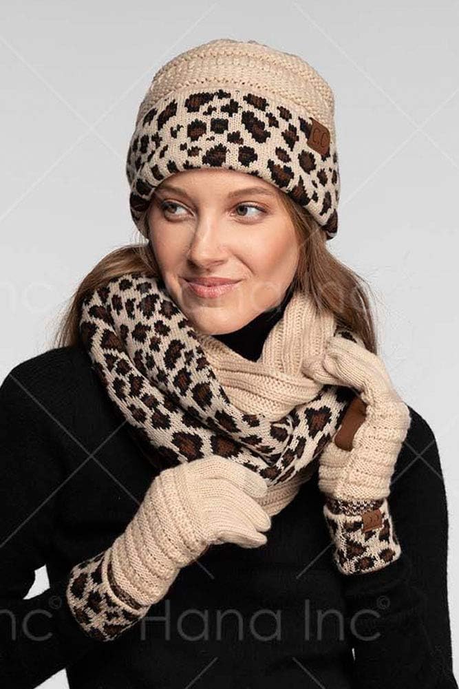 ScarvesMe 2pc Women's Winter Warm Leopard Animal Print Cuffed Beanie with Matching Gloves