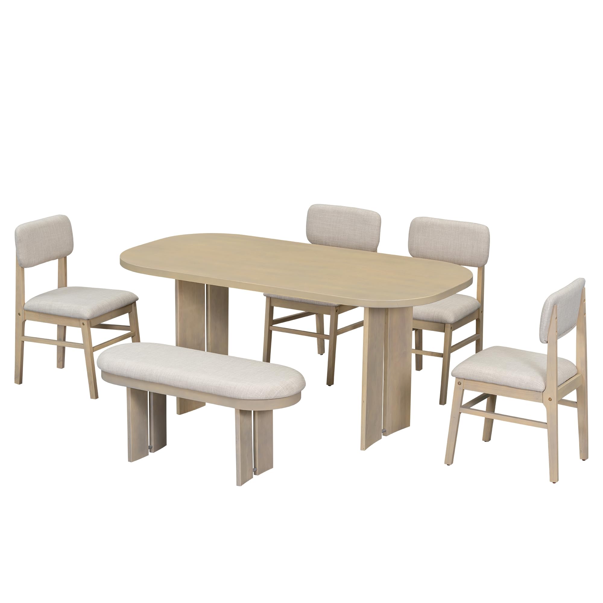 Acarra 6-Piece Solid Wood Dining Table Set for 6, 65.25" Rectangular Kitchen Table with 4 Upholstered Chairs & Bench, Rubberwood Frame, Padded Back