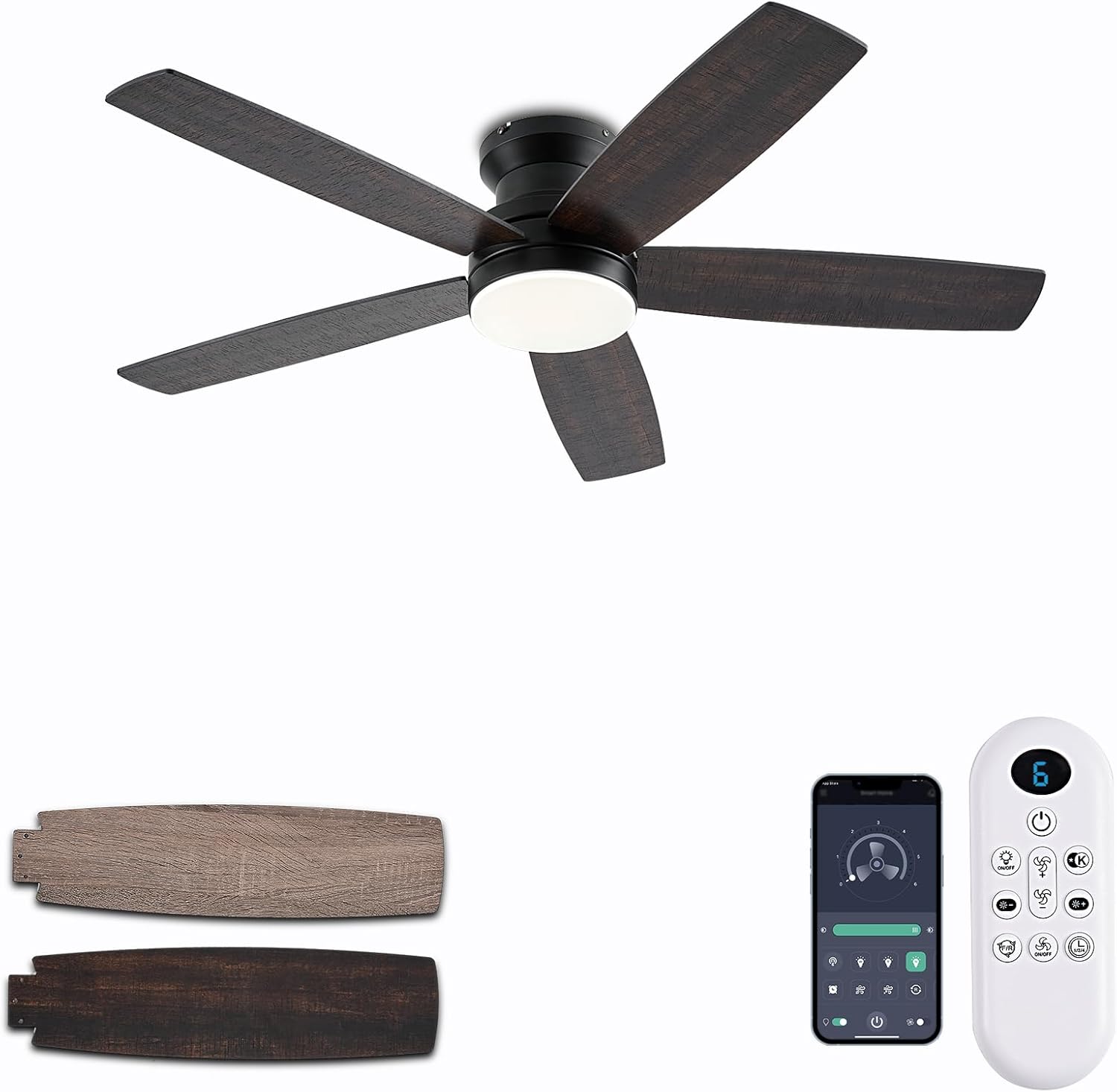 SIMILAR TO STOCK PICTURE Ceiling Fans with Lights, 48Inch Low Profile Ceiling Fan with Light and Remote/App Control, Flush Mount, Reversible, 3CCT, Dimmable, Noiseless, Indoor/Outdoor Patios (Brown)