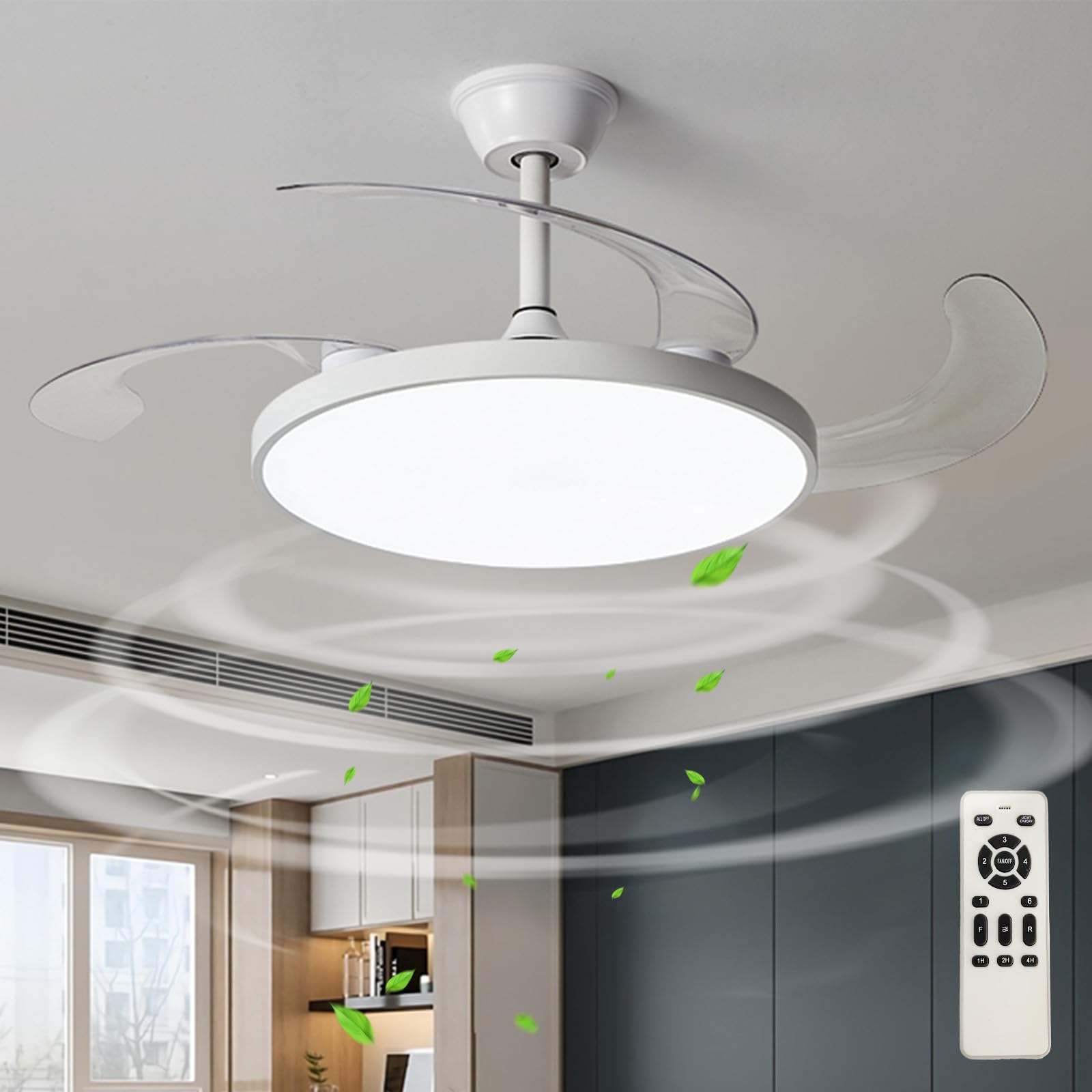 SXDMOUBK Modern Retractable Ceiling Fan with Light Remote Control Quiet Operation Dimmable LED Reversible Smart 6 Speed for Bedroom White 95cm