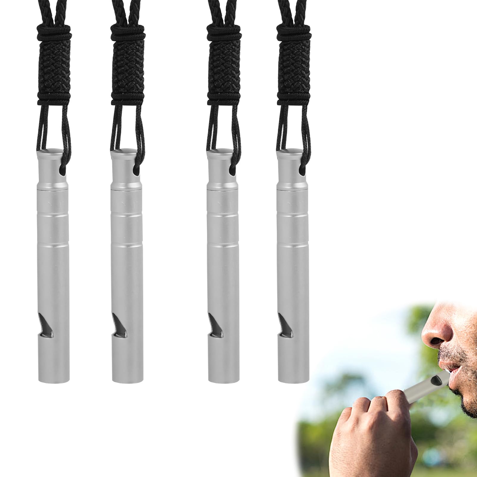 4 silbatos de emergencia de titanio, silbatos de seguridad de supervivencia de 120 dB con cordón negro, silbato fuerte pequeño para salvar vidas al aire libre para entrenadores, deportes, canotaje