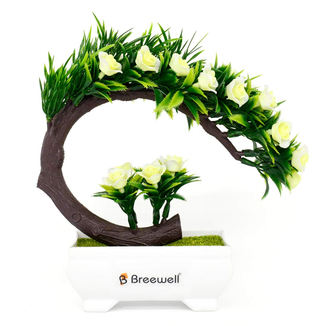 Breewell Artificial Roses Bonsai Flowers with Plastic Pot (Green & White, 1 Piece) 1