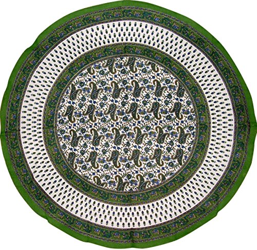 India Arts Floral Paisley Elephants Round Cotton Tablecloth 72" Green #TOP1