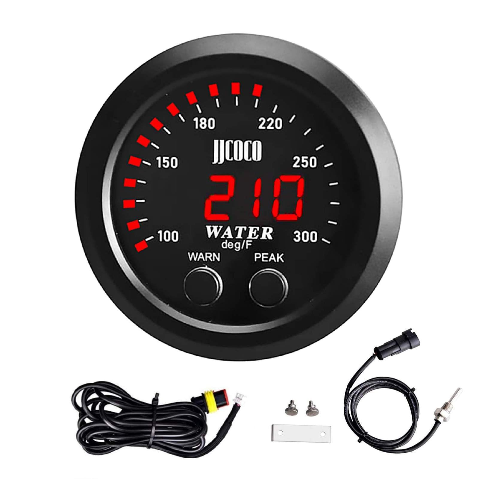 Universal 52mm Water Temperature Gauge with Alarm and 1/8 Npt Sensor Car Digital Meter Red Display Temp 100-300F(-17~187C)