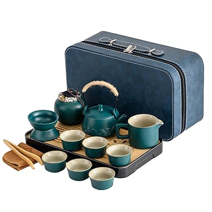 Tandarui Chinese Gong Fu Tea Set Chinese Gaiwan Tea Set White Jade Travel Tea Set Japanese Tea Set 6 cups Portable Tea Set Home,Traveling (Green)