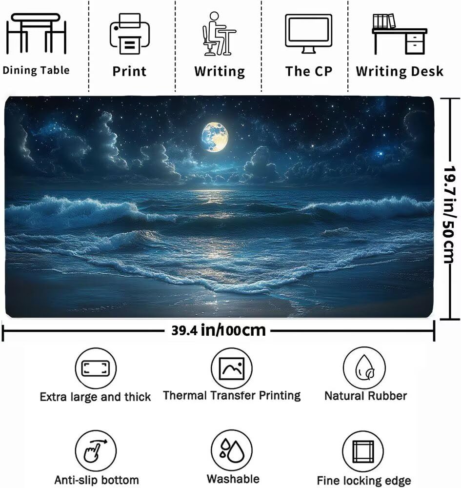 Podkładka pod mysz dla gracza księżyc, podkładka pod mysz xxl 1000 x 500 x 3 mm, mata na biurko morze ze zszytymi krawędziami i gumową podstawą, wodoodporna podkładka pod mysz nadaje się do biura/domu