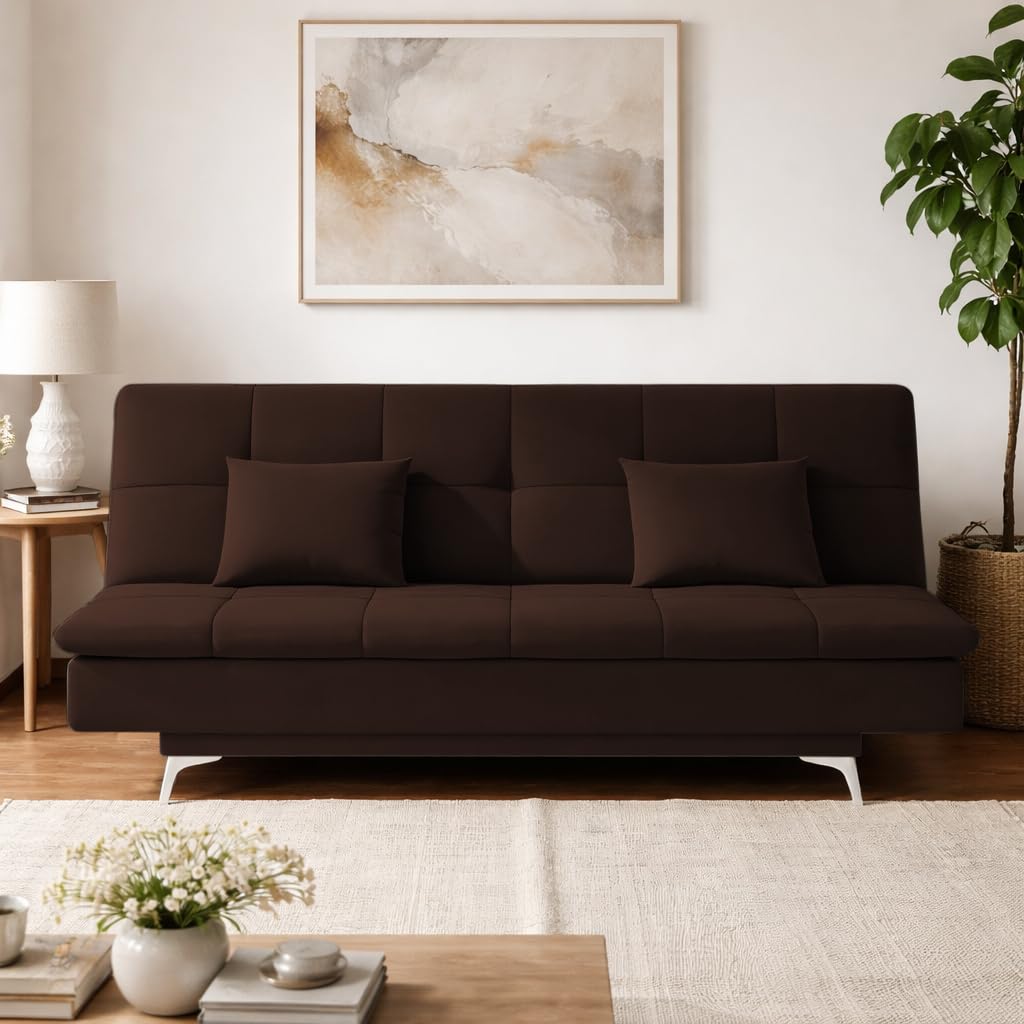 Adorn India Premium New Aspen 3 Seater Sofa Cum Bed 4X6 Velvet Suede with 2 Cushions (Color Brown) and Suitable for All Indoor, with 3 Years Warranty