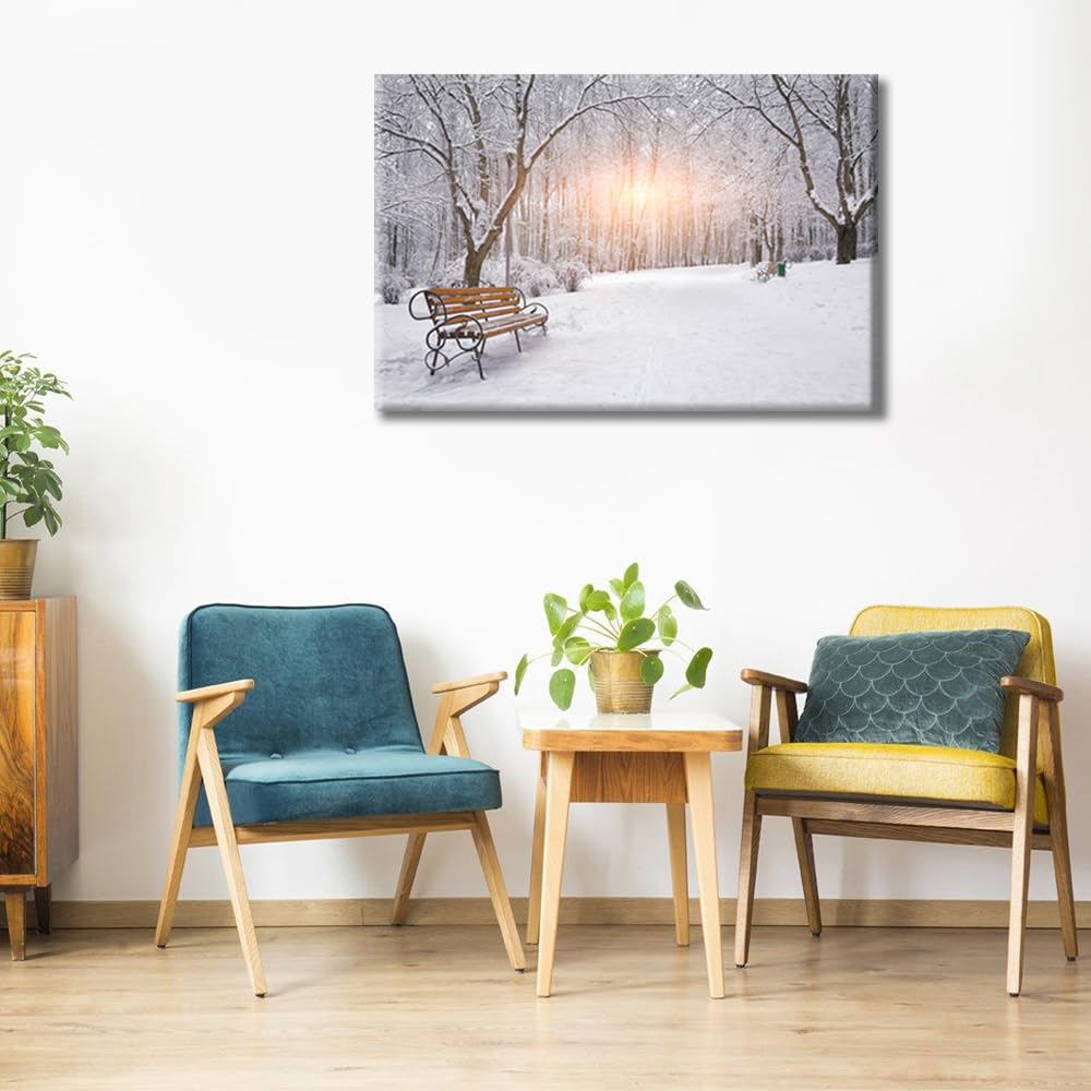 1 Panels Snow Covered Trees and Benches in the City Park Modern Home Decor Winter Sunset Canvas Paintings for Bedroom Living Room - Image 4