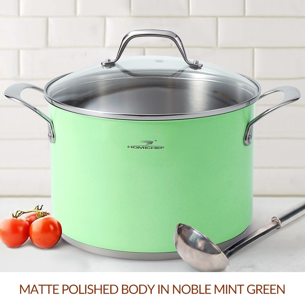 HOMICHEF Marmite 6,6 L Vert Menthe en Acier Inoxydable Sans Nickel avec Couvercle en Verre - 24 CM Marmite à induction à usage intensif sans revêtement non toxique
