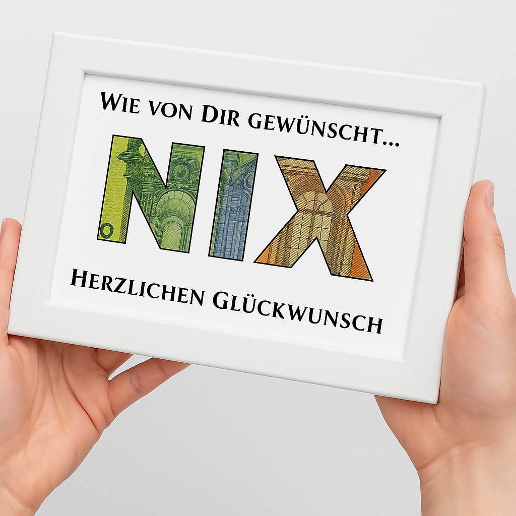 WALWI Nichts Geschenk/NIX Geschenk im weißen MDF-Holzrahmen Lustiges Geldgeschenk zum Geburtstag – Witzige Geschenkidee für Männer & Frauen – Weißer Rahmen mit Karte