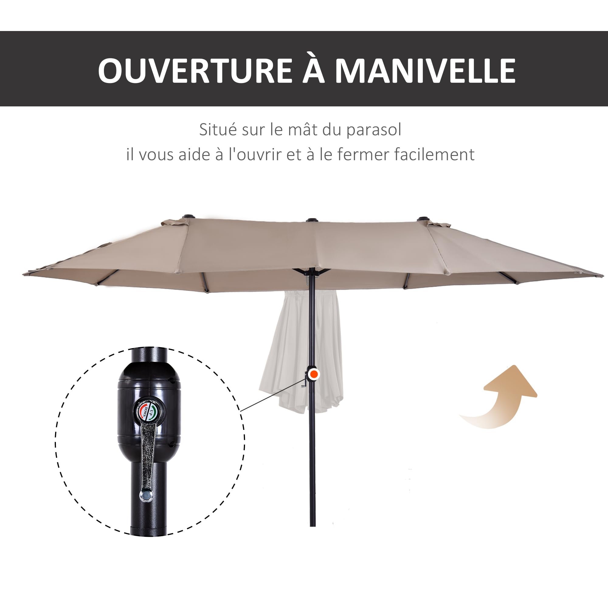 Outsunny Parasol de jardin exterieur parasol double rectangulaire 4,6L x 2,7l x 2,4H m avec ouverture fermeture manivelle, cadre en acier, toile 180 g/m², parasol pour balcon, piscine, marron