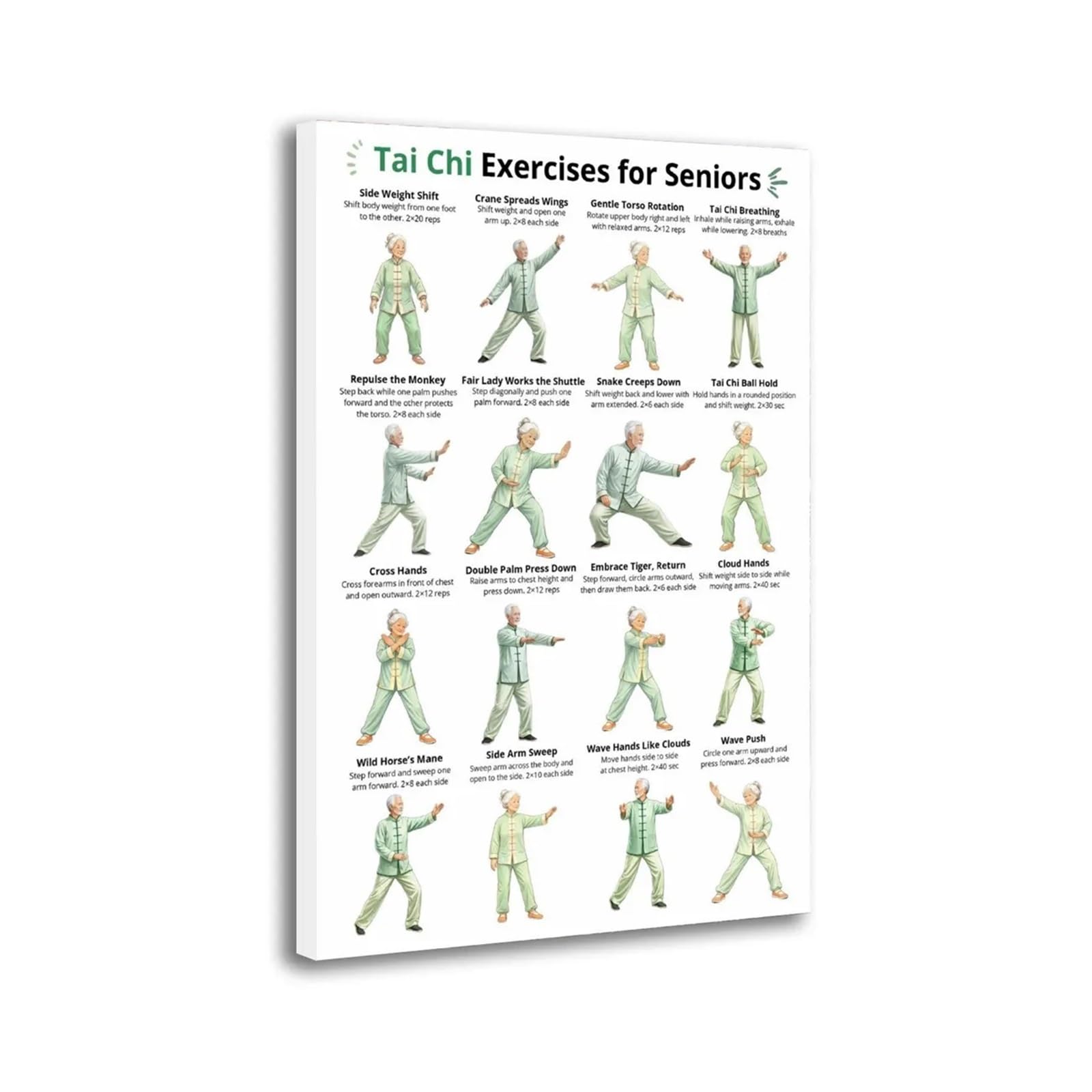 IDGTTLDF Mindful Movement for Seniors Poster Tai Chi Flow Chart for Focus and Coordination Home Studio Decor Canvas Unframed,08X12inch(20X30cm)