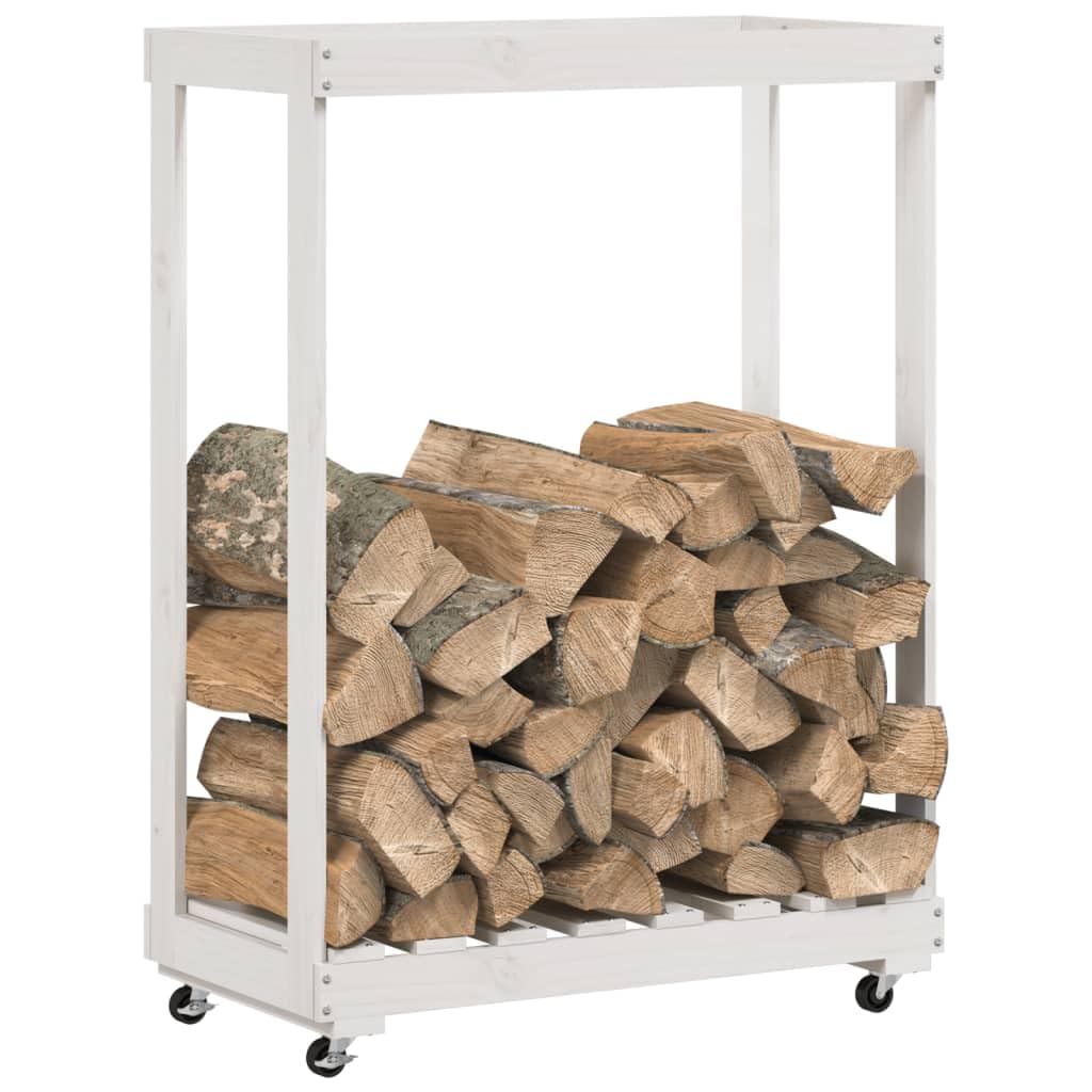 Kaminholzregal mit Rollen Weiß aus massivem Kiefernholz 76,5x40x108 cm Brennholz Lagerung und Transport für Kamin Ofen Wohnzimmer Terrasse