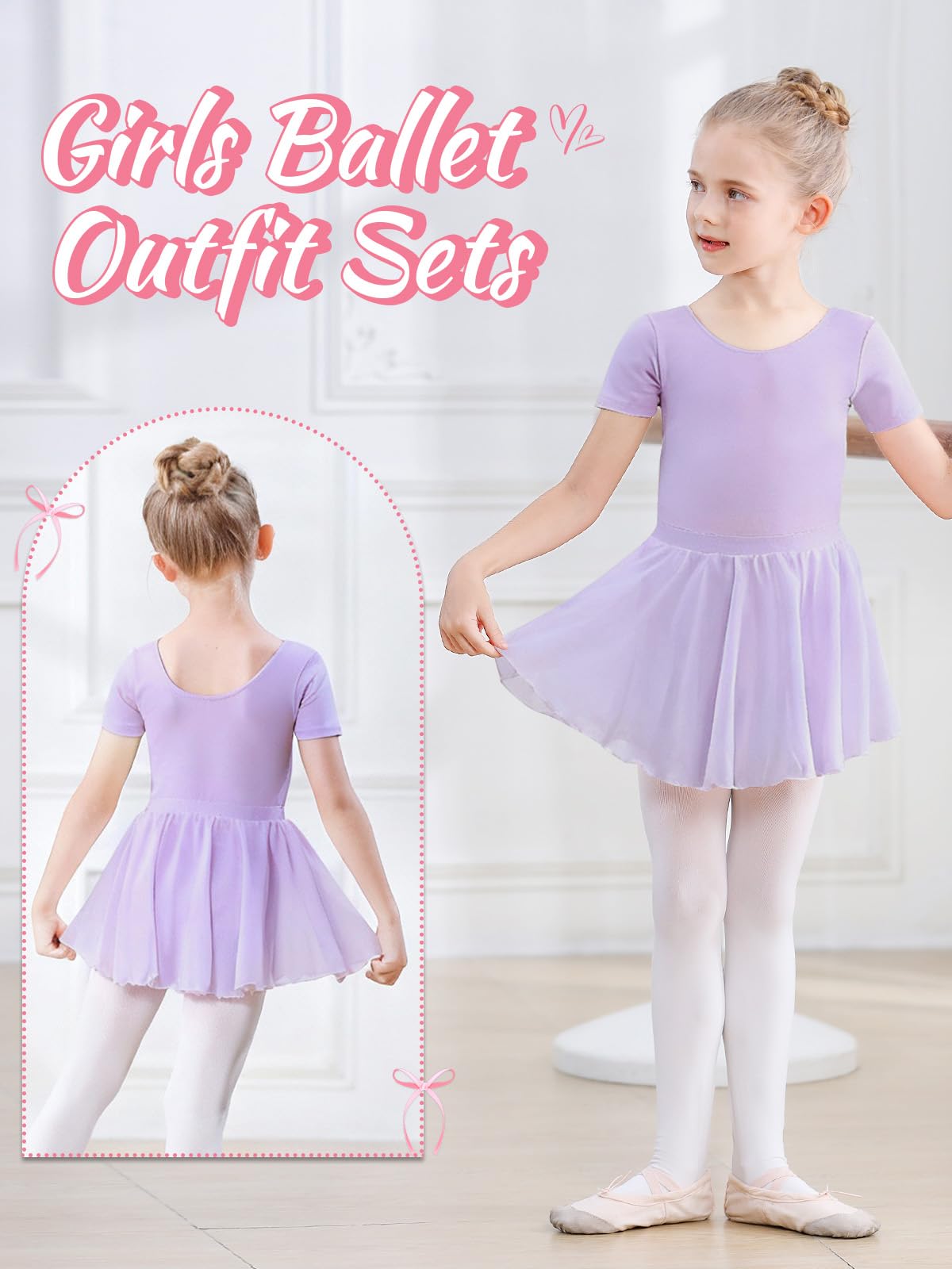 Body da danza per ragazze, a maniche corte, in cotone, con gonna rimovibile in chiffon, per bambini dai 3 agli 11 anni