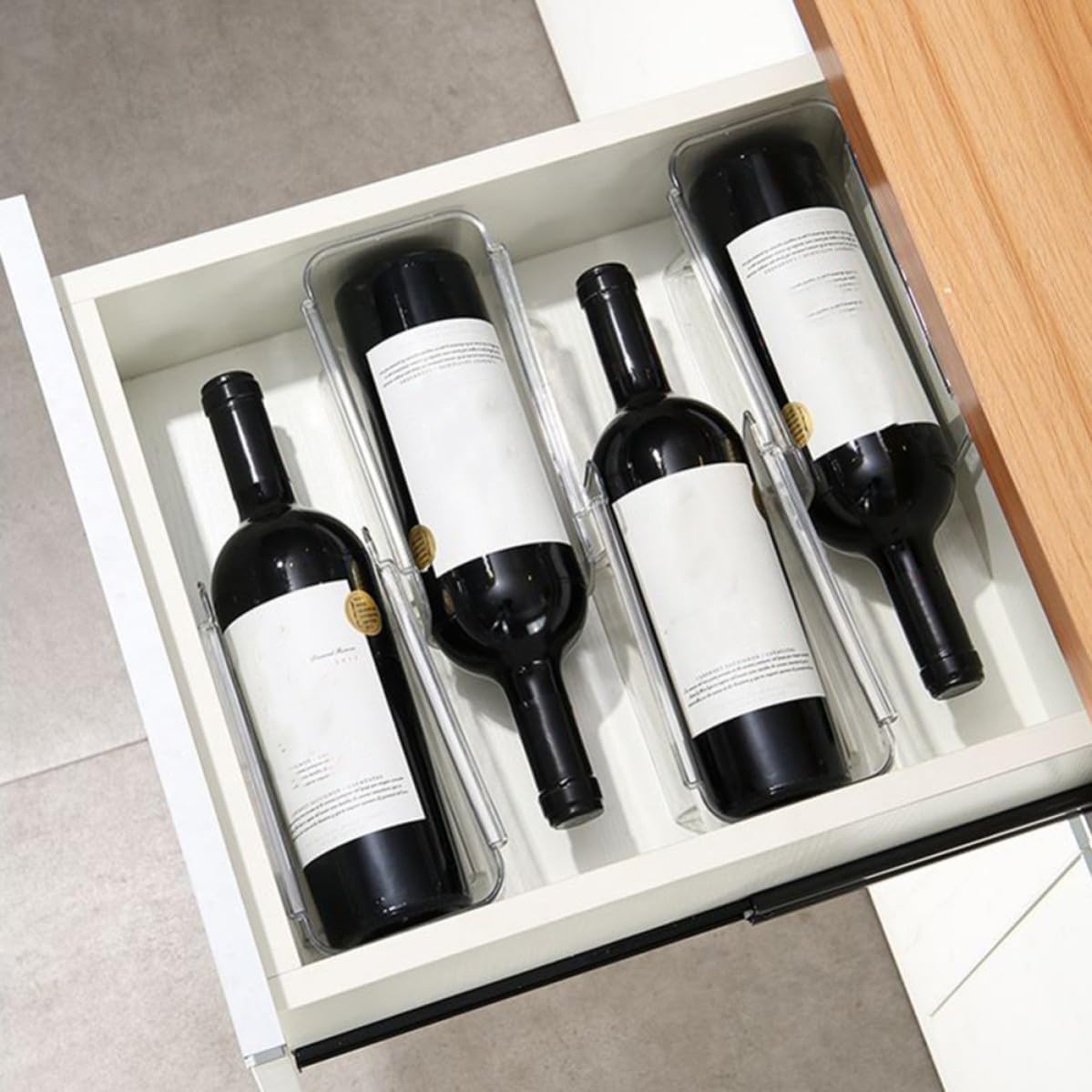 4pcs Wine Bottle Organizer Rack for Refrigerator and Kitchen Island, White Pet Material with Clean Minimalist Design, Resists Tilting and Shaking for Stable Bottle Storage