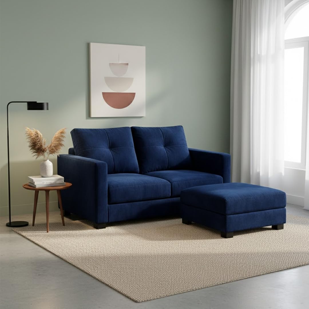 FURNY Heritage 2 Seater Fabric Sofa Set with 1 Ottoman (Dark Blue) with Velvet Finish | Durable Comfort | Ideal for Living Room-image-22