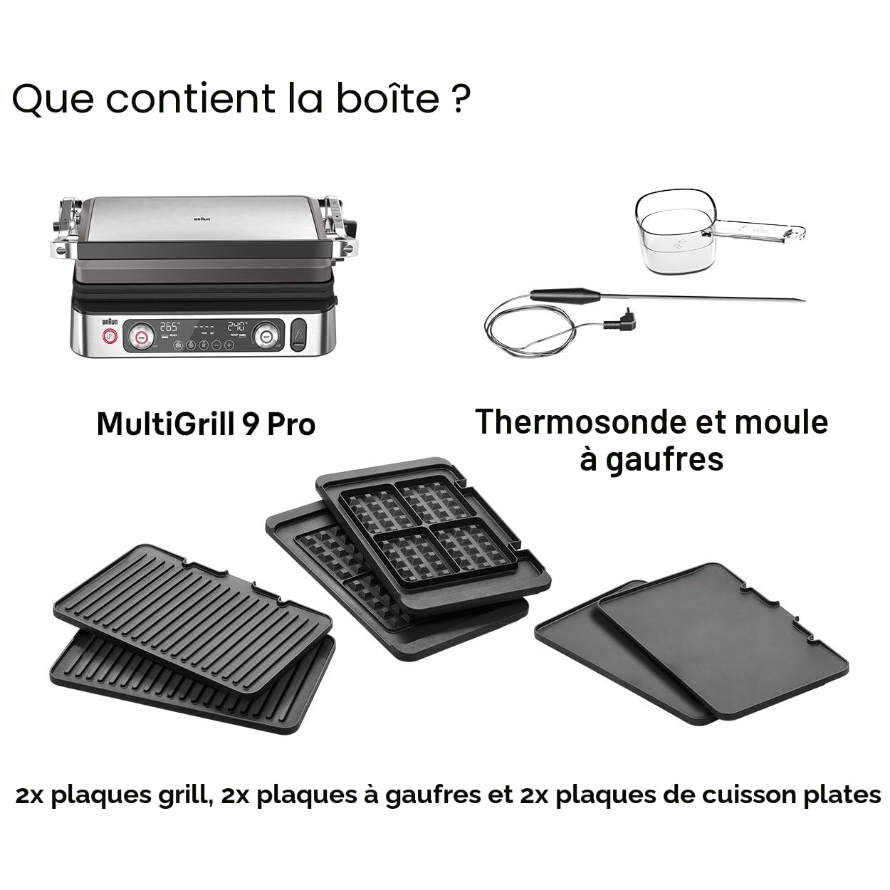 Braun MultiGrill9 CG9167, Grille Électrique à Contrôle Électronique, 2 Thermostats Indépendants, 3 Positions de Cuisson, Sonde Thermique, Fonction BOOST, Ensemble Plaques Grill+Lisses+Gaufres, 2200W
