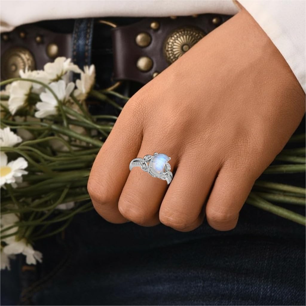 Genuine Moonstone Crescent Moon Boho Ring, 925 Sterling Silver Vintage Western Promise Rings Healing Gemstone Real Boho Jewelry for Women Wife Mom, Size 4-14