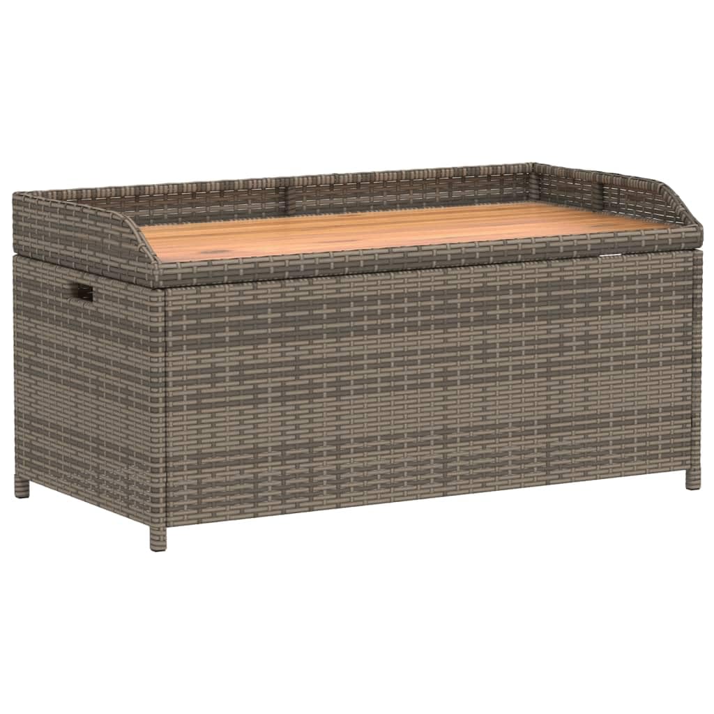 Panca portaoggetti da esterno con seduta in legno di acacia e rattan PE di colore grigio, dimensioni 100 x 50 x 52 cm, spazio di archiviazione impermeabile e meccanismo di sicurezza