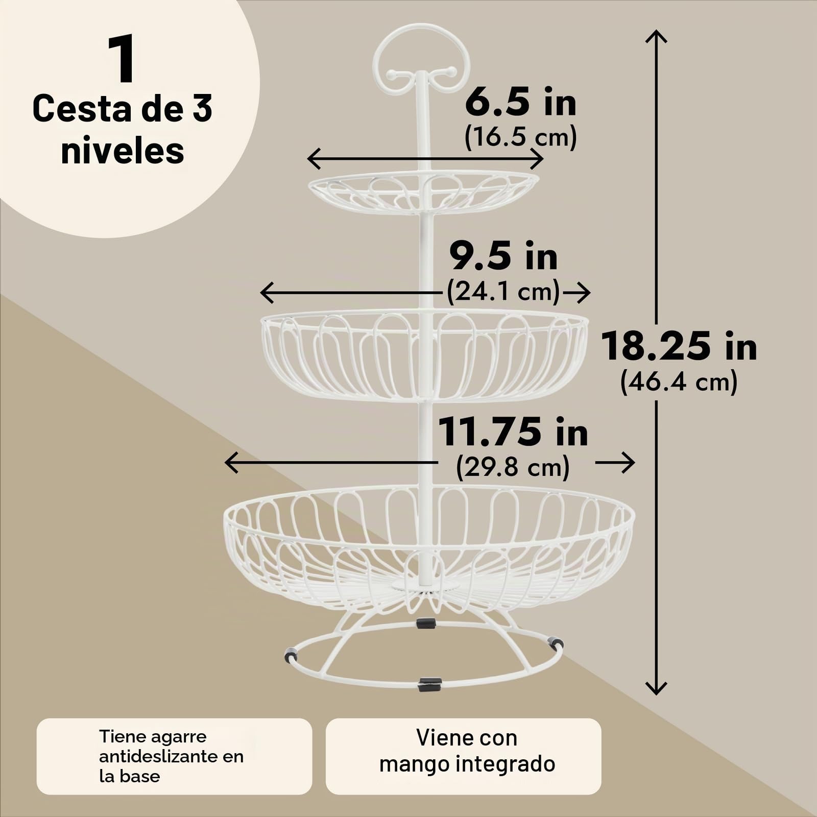 Cesta decorativa de exhibición de Frutas en 3 niveles, blanco crema, 46 cm de alta
