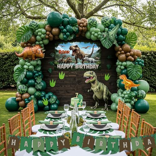 Image of Dinosaur Birthday Party Decorations Hunter Green brown balloon arch