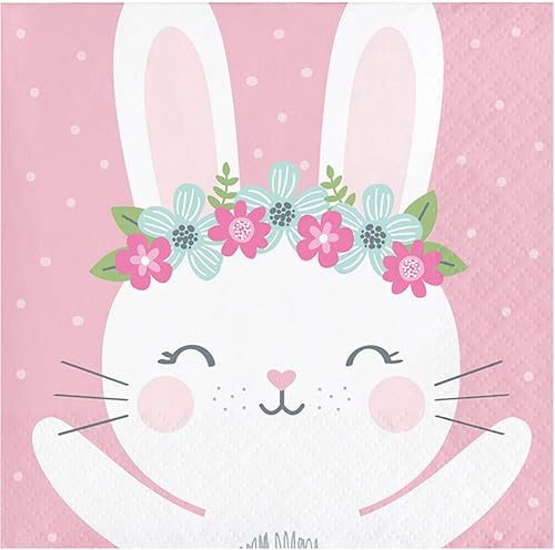 Creative Converting Servilletas de bebidas estampadas con diseño de conejito rosa - 16 piezas