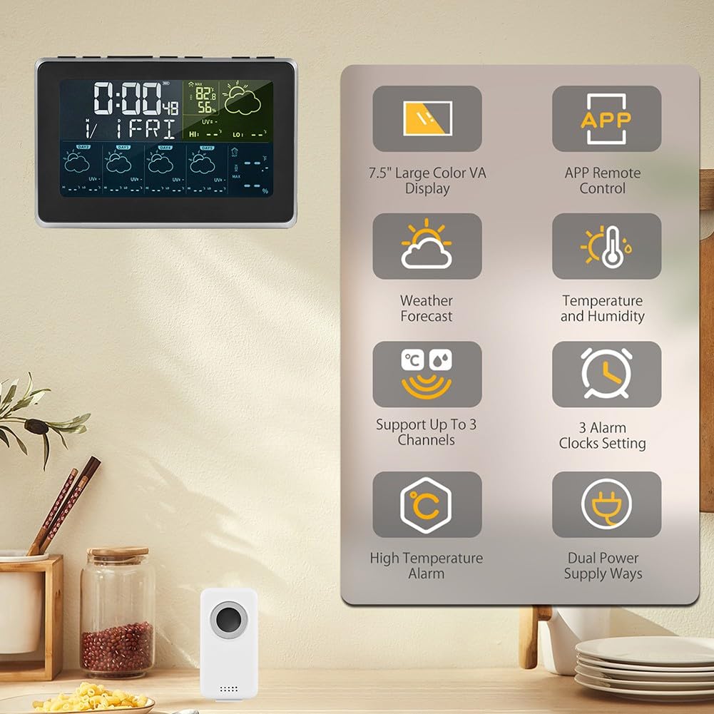 Tuya für Smart-Wetterstation mit 7,5-Zoll-Farbdisplay, 5-Tage-Vorhersage, Thermometer-Hygrometer, 3 Wecker, USB-Ladeanschluss, unterstützt 3 Kanäle für Zuhause, Büro, Gewächshaus
