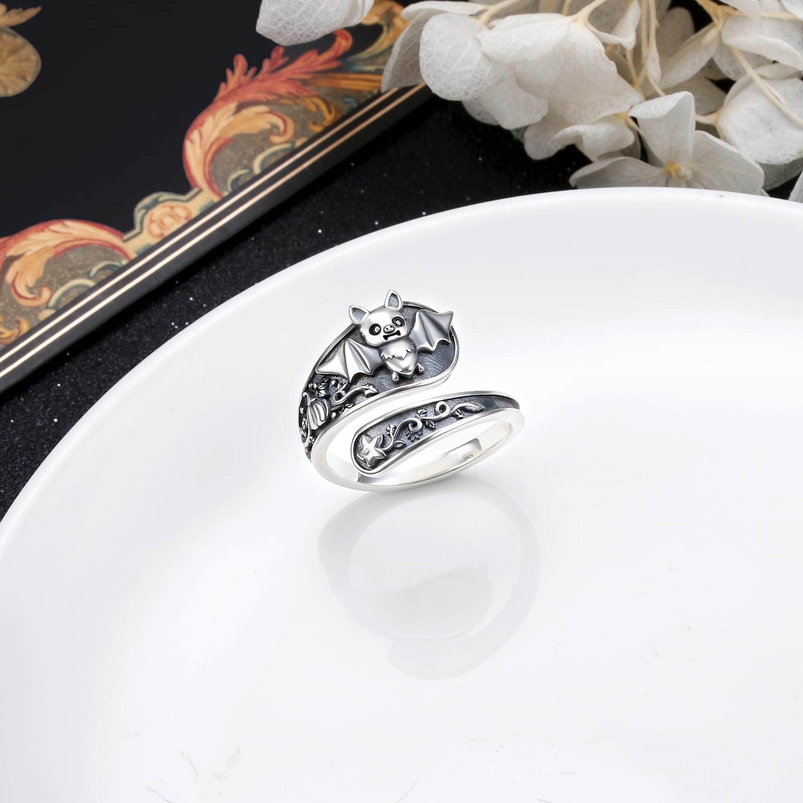 Flyow Anillo de cuchara de murciélago oxidado, tamaño ajustable