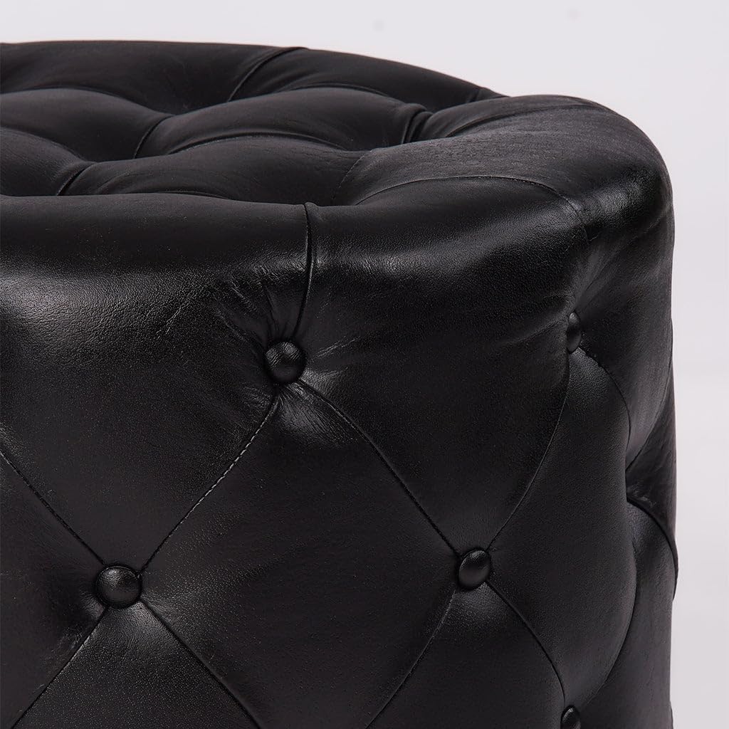 Rugsotic Carpets Round Shaped Wood & Leather Handmade Eco-Friendly Black Ottoman - Round Shape Ottoman, 22.5"x22.5"x21", Plain Solid Ottoman, Wood & Leather Ottoman, Leather Seating Ottoman AH07