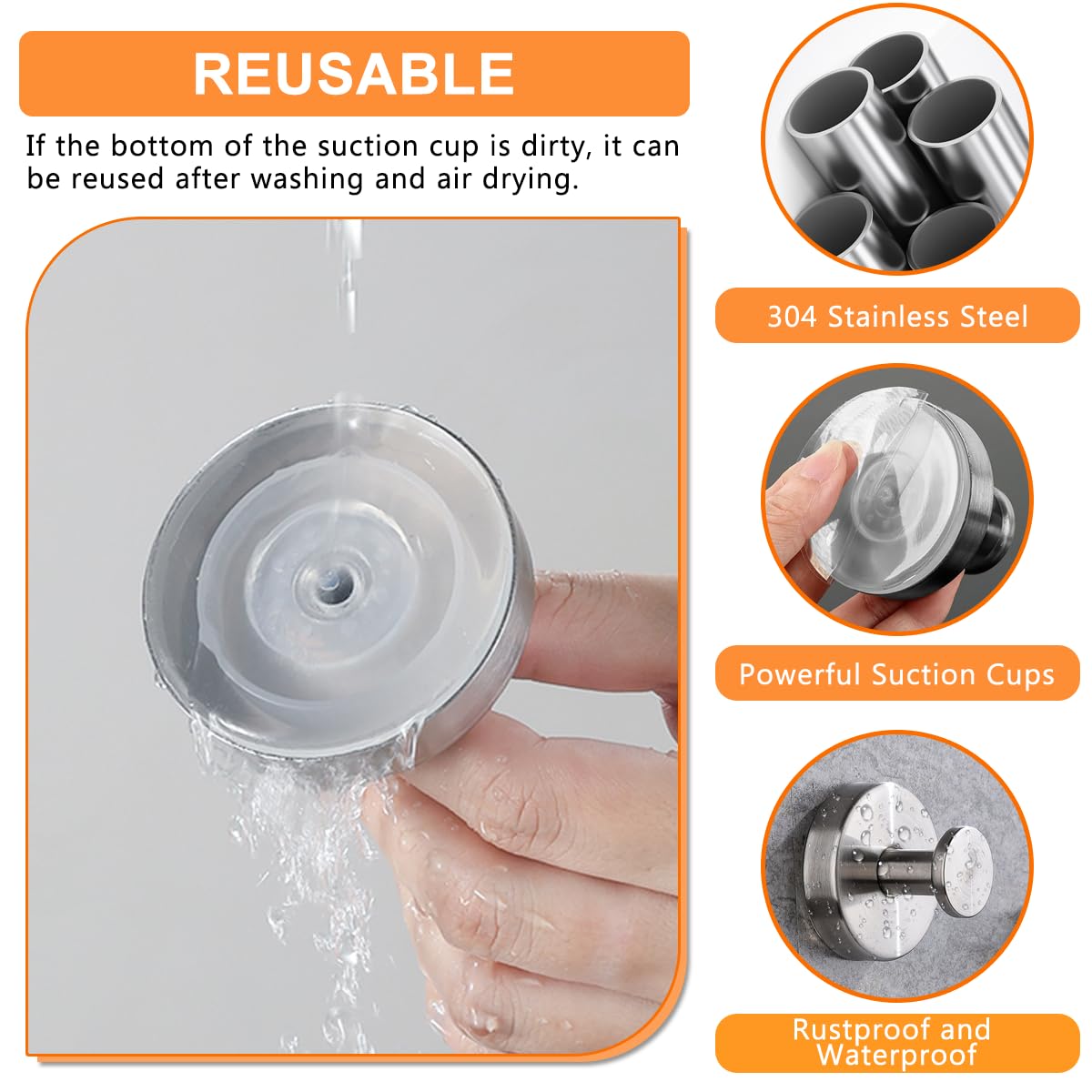 Drenky 2 Pack Suction Cup Hooks 304 Stainless Steel for Bathroom Sucker Hook Reusable for Shower Glass Doors Tiles, Windows, Silver - Image 4