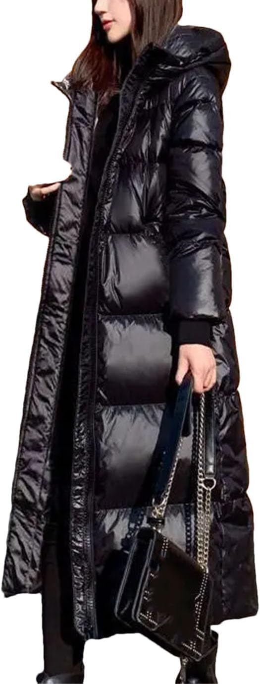 Hecatombic Doudoune Longue épaisse et Ample pour Femme Parka à Capuche Brillante Coupe-Vent imperméable Chaude Longue avec Poche et Fermeture éclair