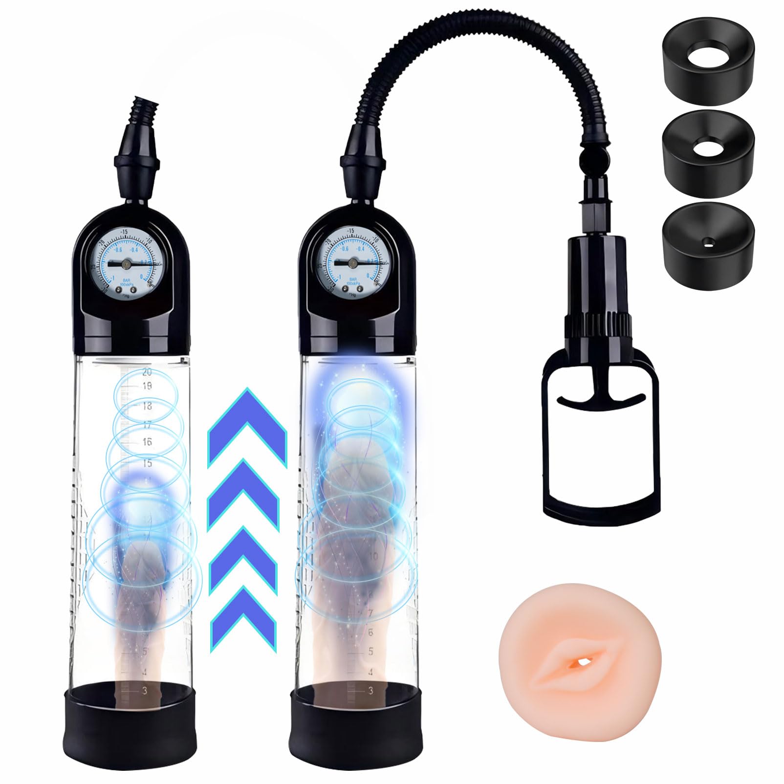 Penispumpe - Manueller Penisvergrerer mit Druckmesser Sex Spielzeug fr  die Mnner Penispumpen zum Trainieren der Erektilen Funktion des Penis Penis  Pumpe mit Whlscheibe und 3 Penisringen (B,C) : Amazon.de: Drogerie &  Krperpflege