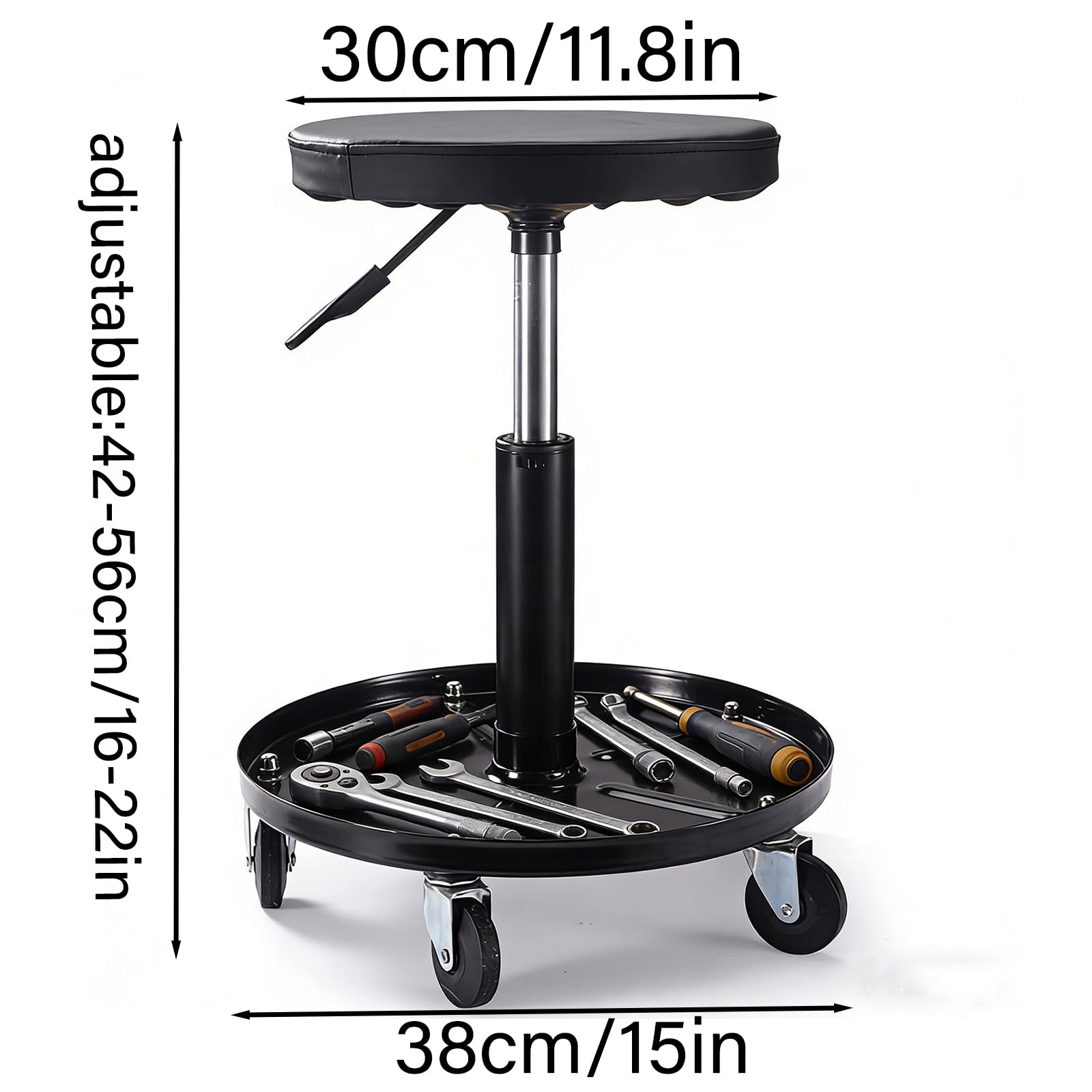 Sgabello da Officina Regolabile, Sgabello da Officina Mobile con Vassoio E Seduta Tonda, Sedia Meccanico Altezza Regolabile E Girevole 150 kg, 2 Ripiani Longueur RéGlable : 42 à 56 Cm,Nero