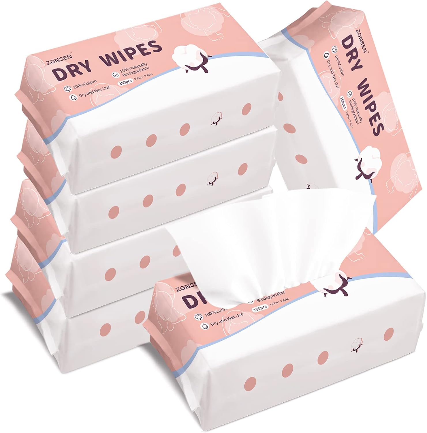 Facial Dry Wipes, ZONSEN 100 Pure Cotton Tissues Dry Baby Wipes