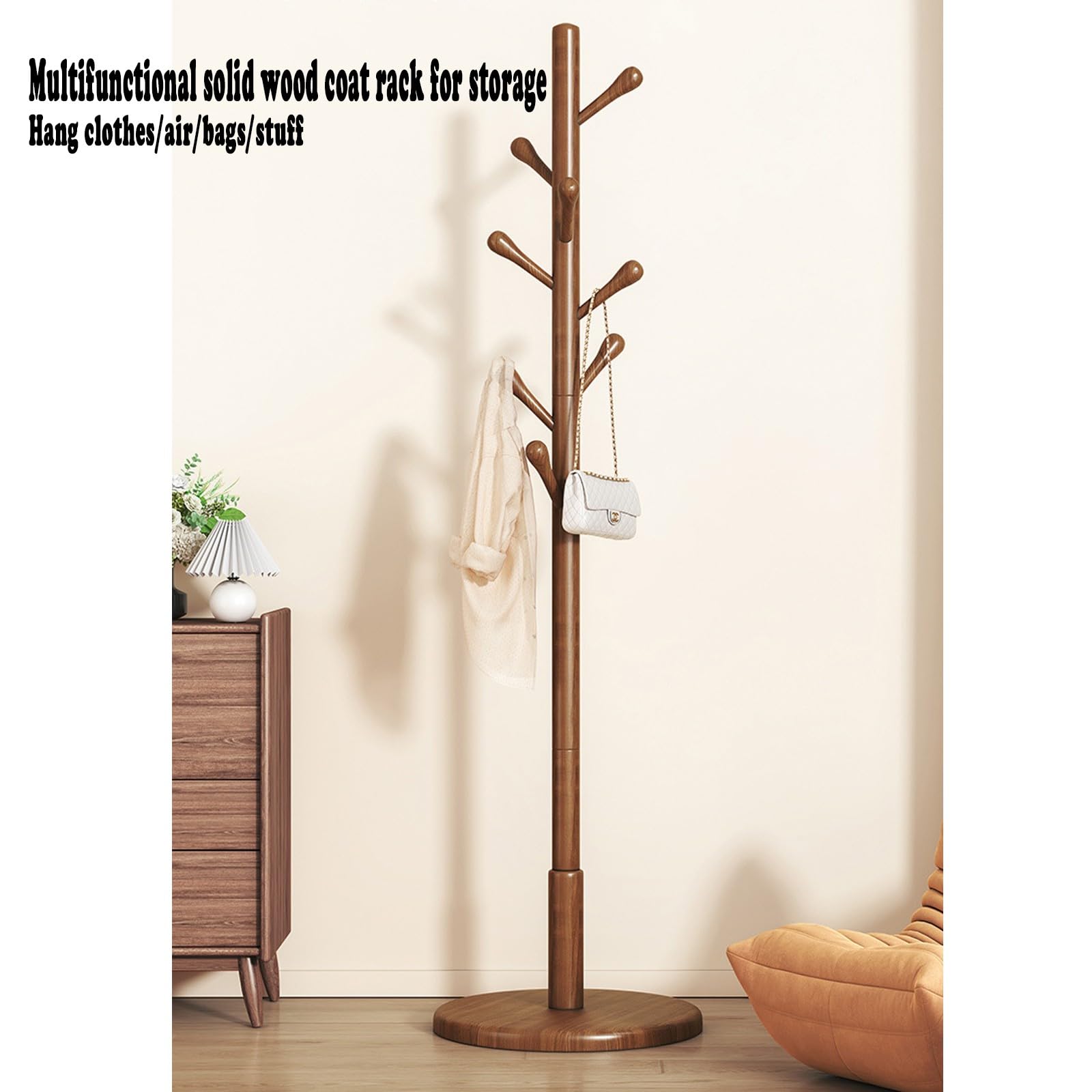 Porte-manteau sur pied en bois avec 8 crochets – Assemblage facile pour chambre à coucher, couloir, entrée et bureau – Idéal pour manteaux, chapeaux, écharpes et sacs à main