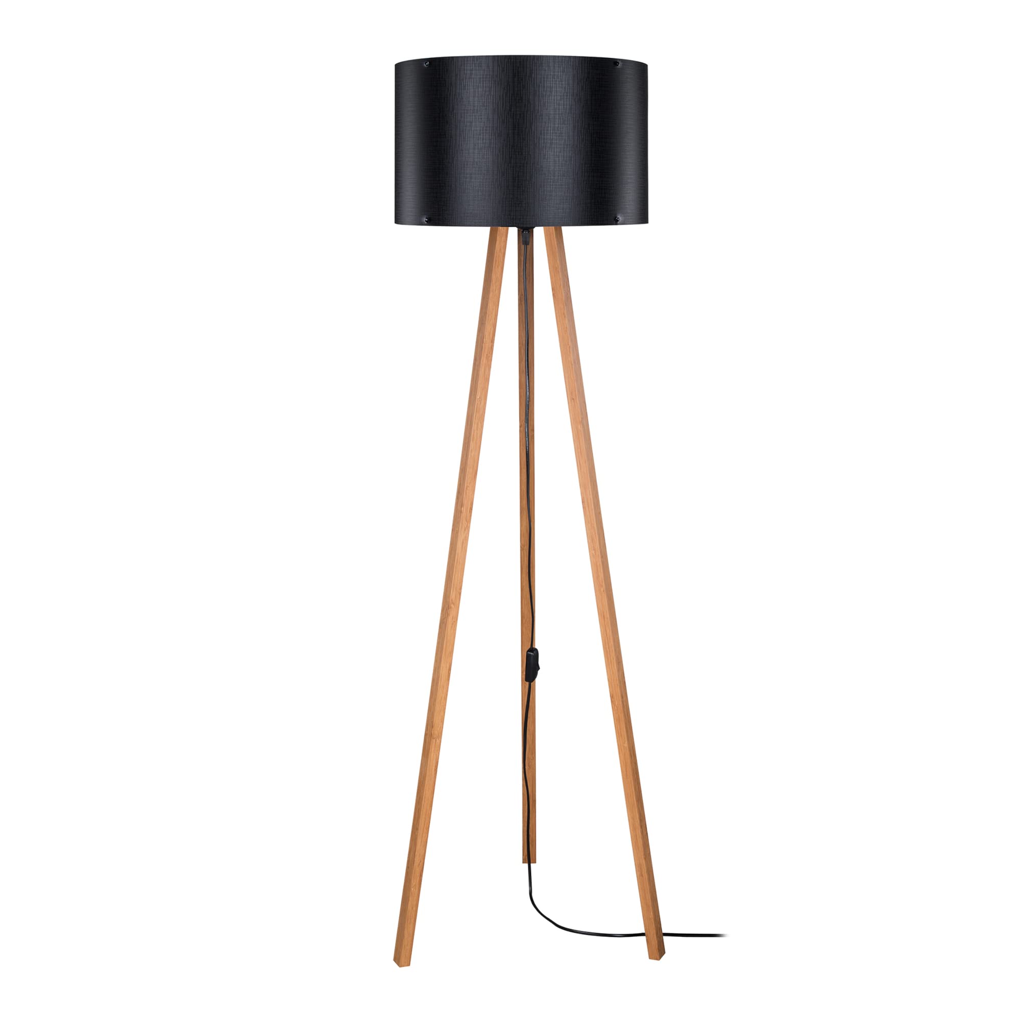 Lámpara de Pie Trípode Luz de Suelo Iluminación Puntual 1xE27 20 W MDF PVC Textil 21 x 37 cm Altura 136 cm Color Bambú/Negro