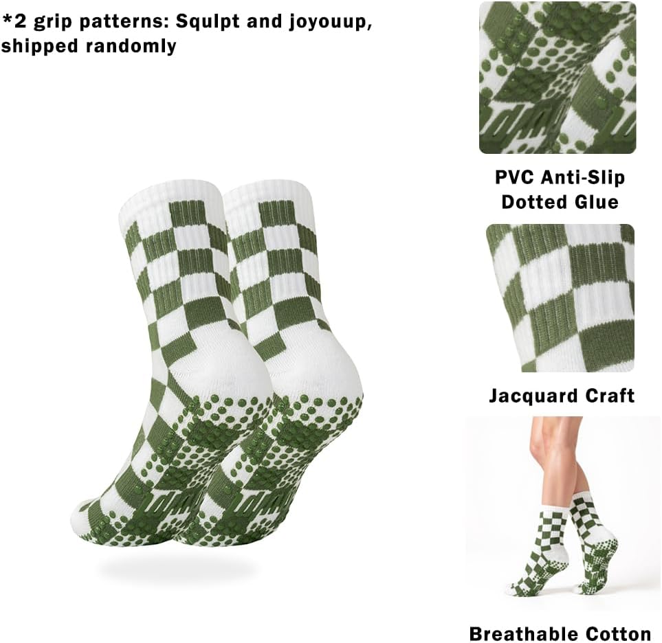 1Pair Socks with Grips for Women Checkered Knit Ankle Yoga Socks, Non Slip Anti-Skid Grippy Dots, Breathable Pilates & Barre Workout Grip (1Green) - Image 4