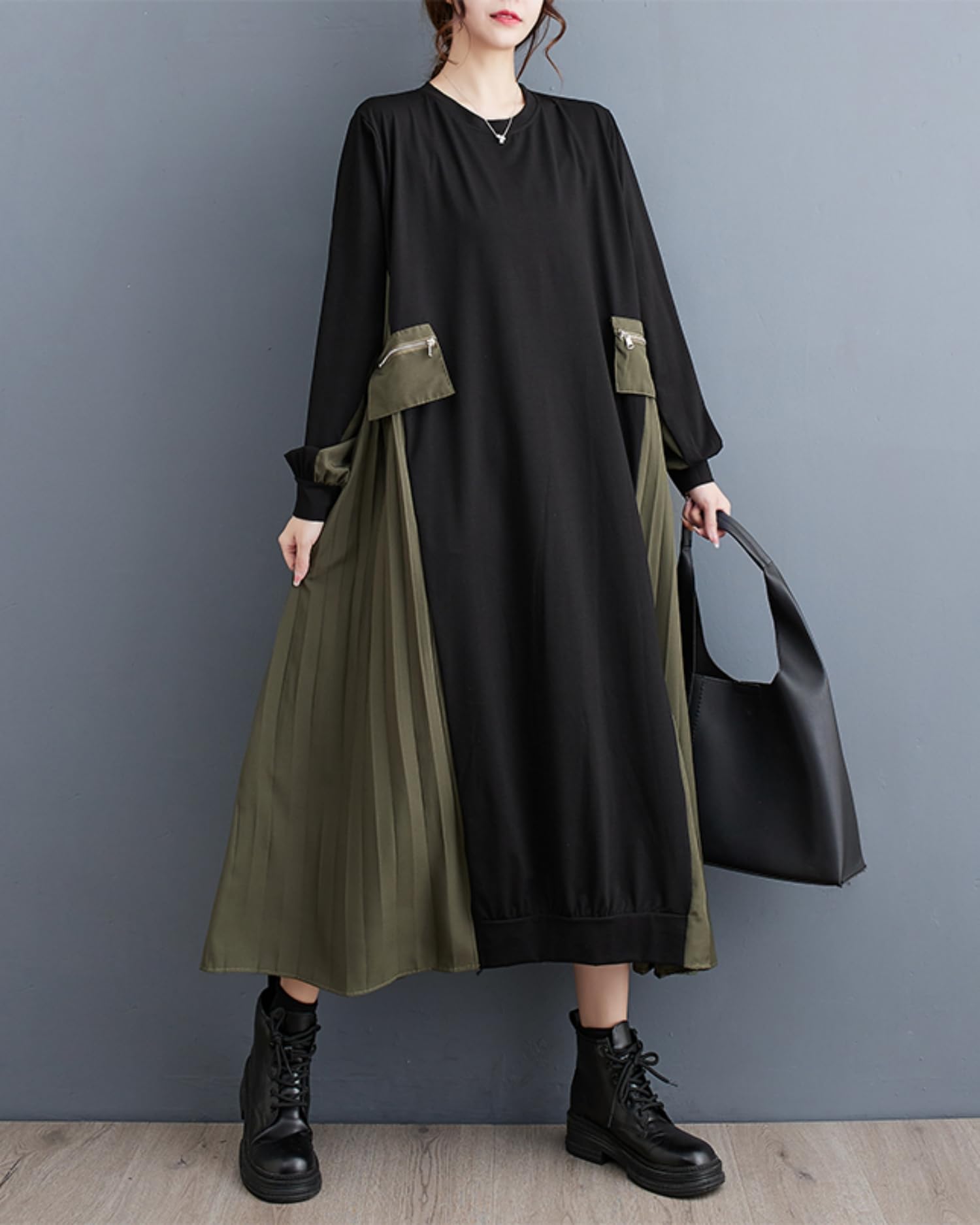 ellazhu Vestido Amplio de Patchwork Estilo Cargo Colorido Cuello Redondo Plisado Dobladillo GZ30 A